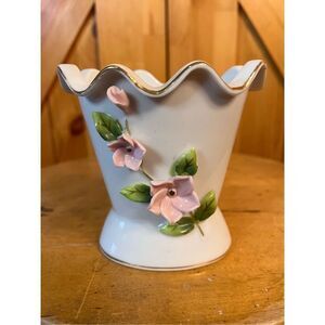Vintage Lefton White China Vase with Pink Applied Flowers  Gold Trim Japan #553